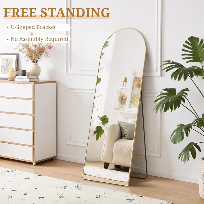 Full Length Mirror 59"x16" Full Body Mirror Arched Free Standing Wall Mounted Leaning Floor Mirrors with Stand Aluminum Alloy Frame for Bedroom Cloakroom, Gold