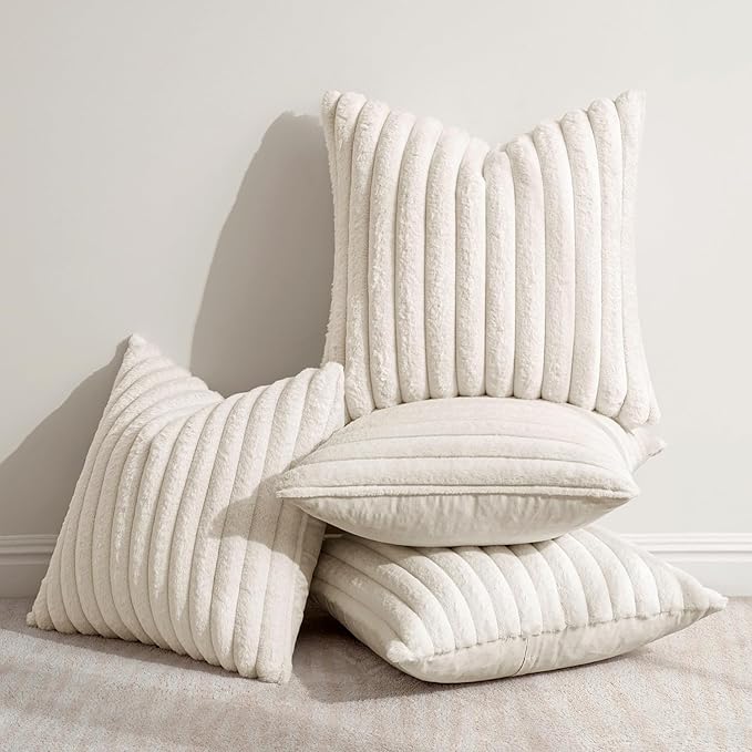 MIULEE Faux Fur Plush Decorative Throw Pillow Covers 18x18 Set of 4, Spring Modern Soft Fuzzy Striped Cushion Covers for Sofa Couch Bed Living Room Cozy Home Decor,Cream White