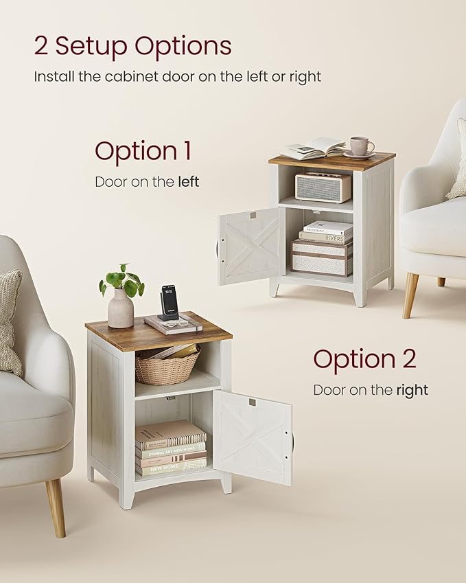 VASAGLE LIRY Collection - Farmhouse Nightstand with Barn Door, Bedside Table with Storage, Side End Table, Night Stand, Open Compartment, for Bedroom, Rustic White and Honey Brown ULET609K41