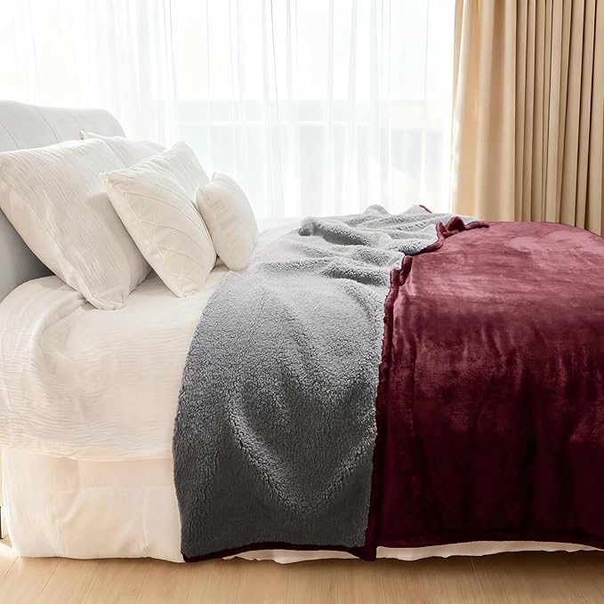 Genteele Sherpa Throw Blanket Super Soft Reversible Ultra Luxurious Plush Blanket, 90 x 90 inches, Rich Burgundy Red/Gray