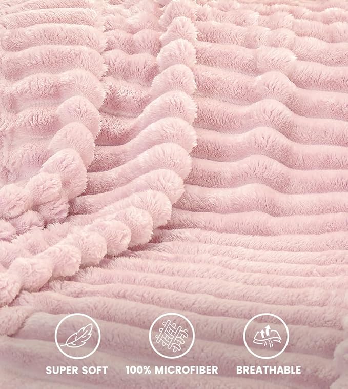 Utopia Bedding Pink Striped Fleece Blanket Queen Size – Fluffy, Warm & Lightweight Ribbed Throw for Bed, Sofa & Chair - Soft Cozy Blanket for Home Décor & Gifting (90x90 Inches)