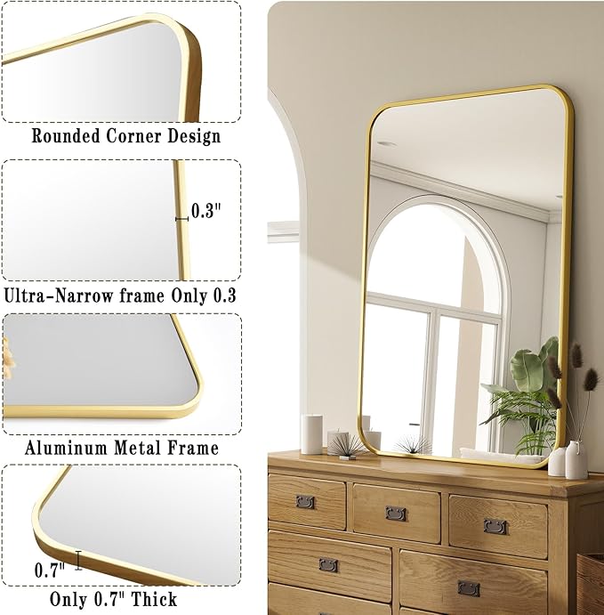 24x36 Inch Bathroom Mirror - Wall Mounted Vanity Mirror with Round Corner Aluminum Alloy Frame, Hanging Horizontally Vertically for Living Room, Bedroom, Hallway as Home Decor,Gold