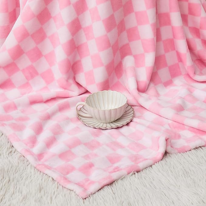 FY FIBER HOUSE Baby Pink Throw Blanket for Couch Checkered Blanket Gingham Pattern Blankets Funky Home Decor, 50"x60"