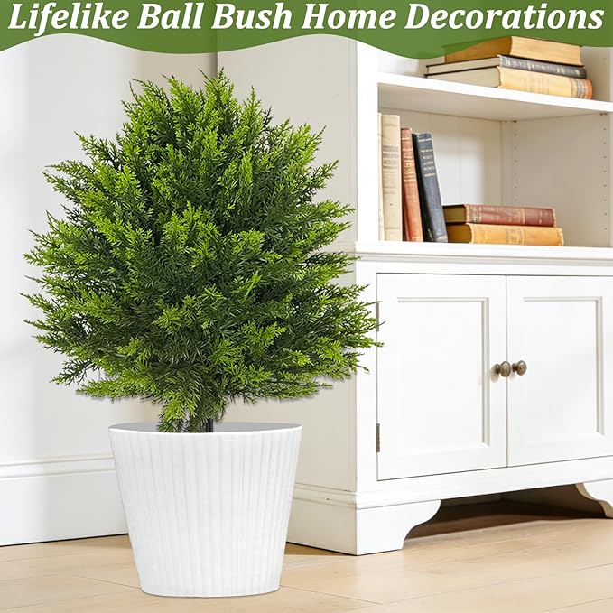 2 Pack 24”Artificial Topiary Ball Tree with Spike Soft Cypress Realistic Faux Cedar Pines Spring Trees UV Rated Fake Shrubs for Spring Pot Fillers Front Door Porch Indoor Outdoor Decor