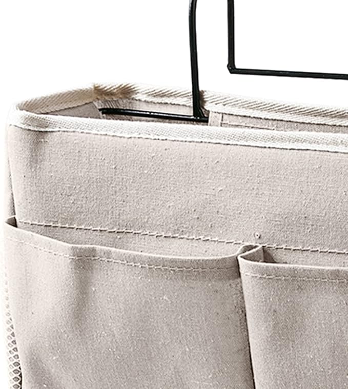 Jeanoko Nightstand Hanging Bag Cotton Linen Bedside Storage Pocket Organizer Basket Hanging Bed Storage Organizer Bag Bed Basket for Bunk Bed Dorm Rooms (White)