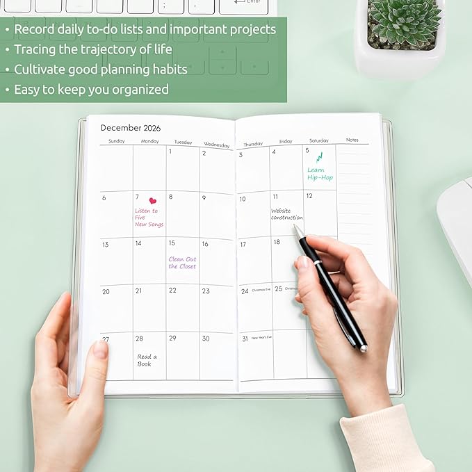 Pocket Calendar 2026-2027, Green Monthly Planner 2026-2027 - 3.7" x 6.7" - Runs from January 2026 Until December 2027, 2026 Pocket Calendar with PVC Cover for Organizing & Planning