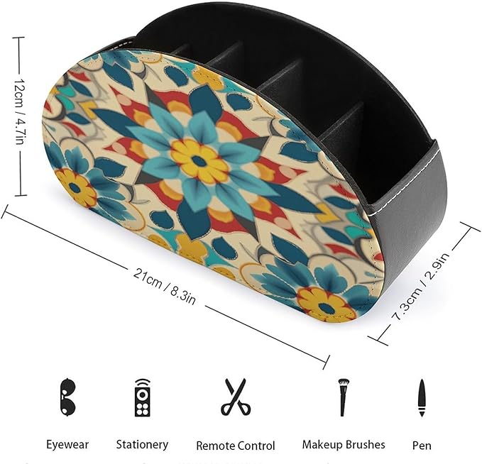 Colorful Arabic Editable File Yellow Remote Control Holder Organizer Box with 5 Compartment PU Leather Bedside Storage Caddy Remote Organizer for Controller Media Player Pen/Pencil Storage