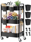 3 Tier Rolling Cart Metal with Wheels, Black Three Tiered Art Cart Organizer on Wheels, Storage Utility Trolley Carts for Kithcen, Craft, Nail, Lash, Makeup, Salon,Bedside, Bathroom, Office, Snack