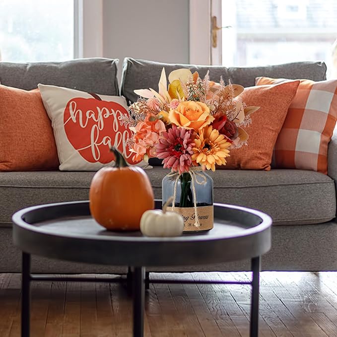 Leftover Fake Fall Flowers in Vase,Artificial Flowers with Vase,Centerpiece Table Decorations,Fall Centerpieces for Tables,Fall Kitchen Decor,Fall Flower Arrangements,Home Decor Living Room