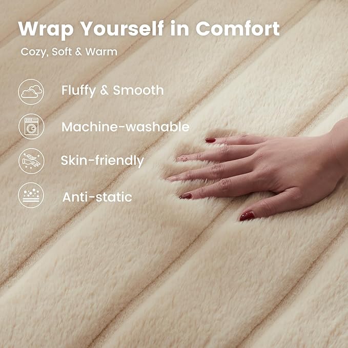 Cozy Bliss Deluxe Sheared Rabbit Faux Fur Throw Blanket, Soft Fuzzy High-Low Sculpted Plush Blanket for Couch, Cozy Home Accent, All Season Use, Khaki 50"x60"