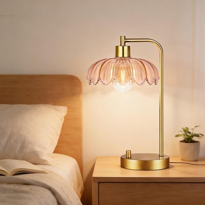 Glass Table Lamp Set of 2,Small Gold Bedside Lamps Dimmable Boho Bedroom Lamp with Tulip Flower Amber Lamp Shade,Vintage Mid Century Modern Mini Nightstand Lamp for Bedroom Living Room