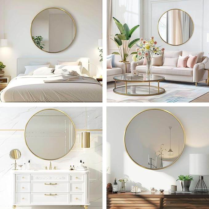 Gold Round Mirror, 24 Inch Gold Circle Mirror, Metal Frame Round Wall Mounted Mirrors for Bathroom, Living Room, Bedroom, Entryway, Vanity, Golden, Brass