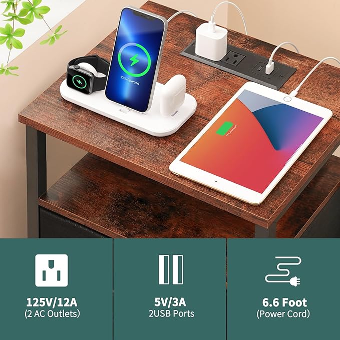 Yoobure Night Stand with Charging Station, 3 Fabric Drawers Nightstand, Bedside Tables with Storage Shelf, End Table with 16 Colors LED, Small Dresser for Small Space