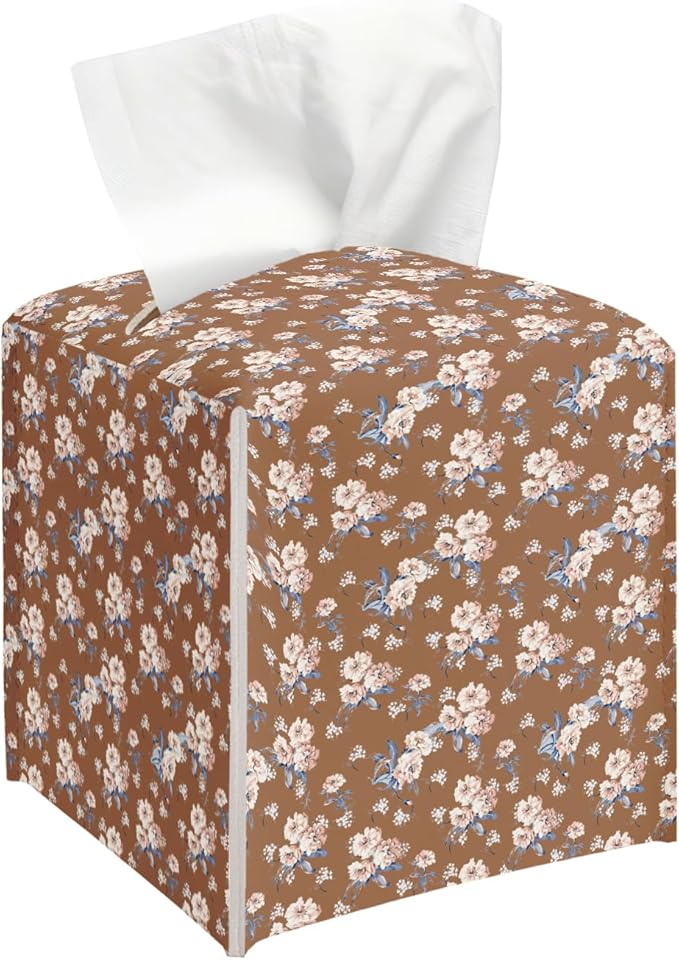 Vintage Flower Tissue Box Cover, Brown Tissue Holder Square with Bottom Belt for Home Bathroom Office Vanity Countertop, Housewarming Gifts Ideas for Women Friends Mom Bestie -10