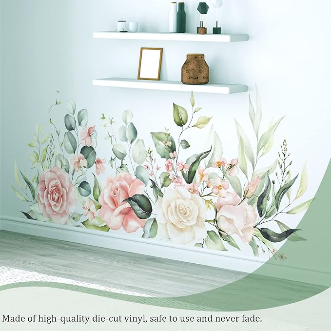 Flowers Leaves Wall Decals Peel and Stick, Large Hanging Floral Vinyl Wall Stickers, Removable Vine Home Decor Art for Bedroom Living Room Classroom Office