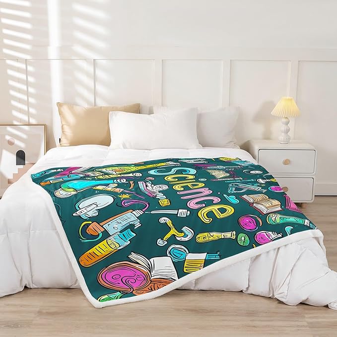 Laboratory Sherpa Blanket Chemistry Lab Fleece Blanket For Kids Teen Boys Young Man Test Tube Microscope Graffiti Blanket Throw Hippie Doodle Science Theme Fuzzy Blanket Throw 50"x60" Blue Green