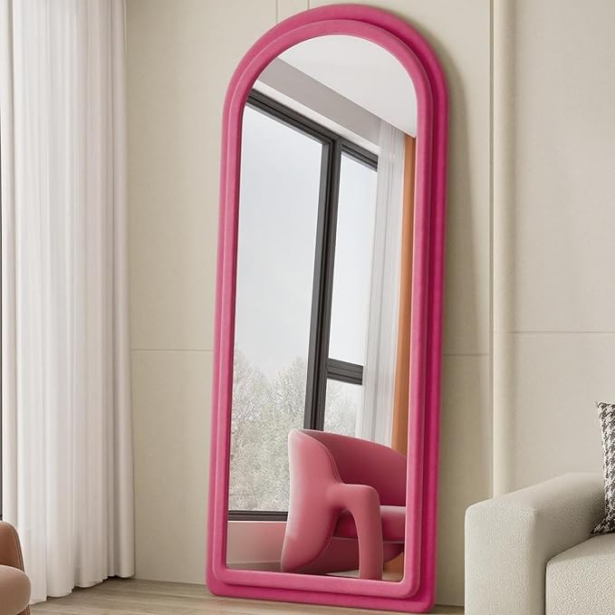 Full Length Mirror, Floor Mirror with Stand, 63"x24" Freestanding Arched Mirror Full Length Hanging or Leaning, Wall Mounted Mirrors with Flannel Frame, Large Mirrors for Bedroom (Rose Red)