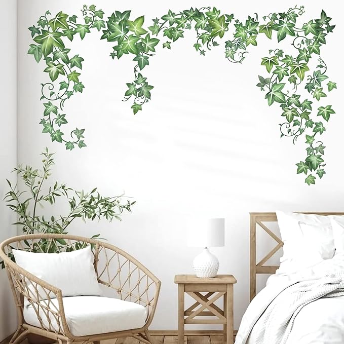 decalmile Green Vine Leaves Wall Decals Hanging Evergreen Ivy Plants Wall Stickers Living Room Bedroom Office Wall Decor