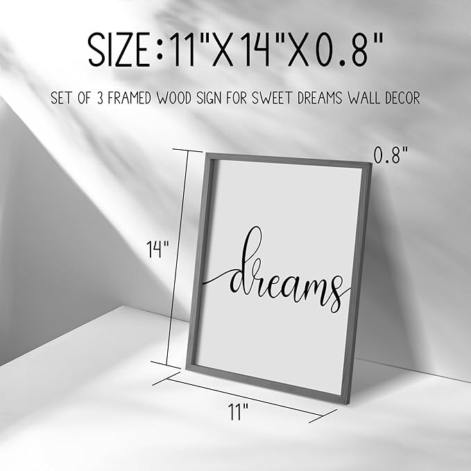 Ronasip Sweet Dreams Wall Decor for Bedroom Set of 3 Framed Wall Art for Farmhouse Rustic Home Master Bedroom Decor (11”x14”, Gray)