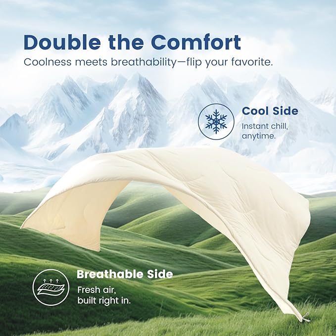 Cozy Bliss Cooling Comforter Queen Size, Reversible Lightweight Cooling Blankets for Hot Sleepers and Night Sweats, Q-Max>0.45 Soft Breathable Silky Smooth Summer Comforter, Snow Ivory, 90"x90"