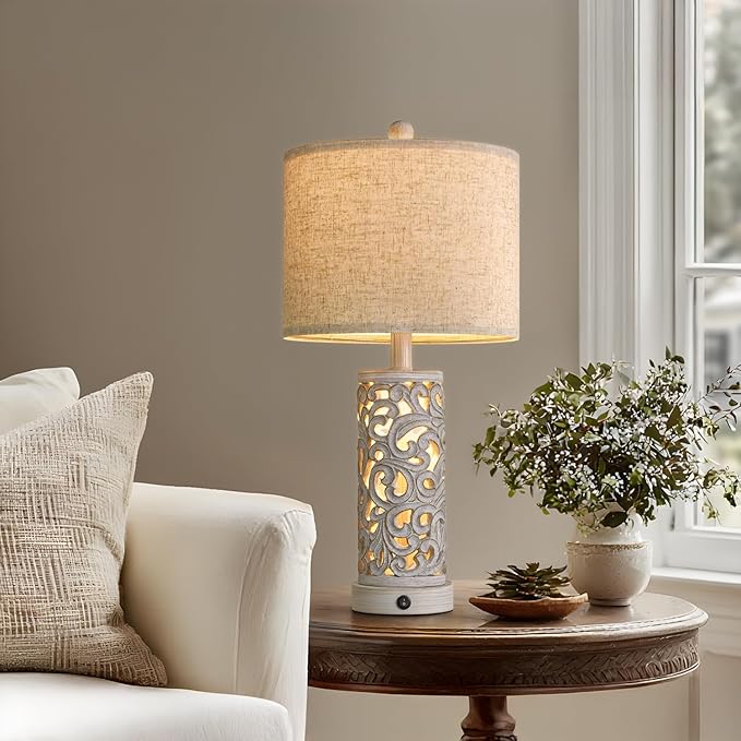 22" Dual Light Table Lamps for Living Room, USB A+C Table Lamp for Bedroom, Farmhouse Lamps for Night Stands with Linen Shade for Home Office(Bulb Included)