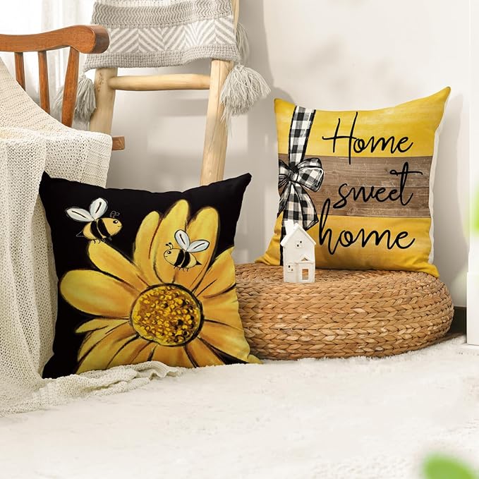 AVOIN colorlife Home Sweet Home Bee Sunflower Black Throw Pillow Covers, 20 x 20 Inch Love Lives Here Spring Summer Stripes Cushion Case for Sofa Couch Set of 4