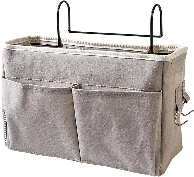 flexman Nightstand Hanging Bag, Hook Design Bedside Storage Pocket Organizer Basket with Metal Bracket and Wear Resistant Fabric for Kitchen Wardrobe Doors, Hanging Rods(Gray)