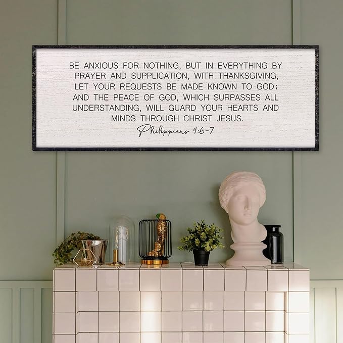 LuZhiQiang Bible Verse Wall Art Be Anxious for Nothing Christian Inspirational Sign 32"×12" Philippians 4:6-7 Rustic Religious Home Decor for Living Room Large Scripture Wood Framed Hanging (Black)