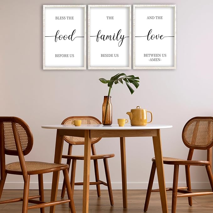 flowtorely Bless the Food Before Us Sign Wall Decor 16"×11" Set of 3 for Dining Room Kitchen Rustic Wood Framed Wall Hanging Art (White)