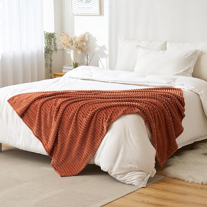 MIULEE Rust Throw Blanket 3D Ribbed Jacquard Fleece Flannel Velvet Plush Decorative Bed Blanket (Throw, 50" x 60") - Super Soft, Lightweight, Warm and Cozy for Couch Sofa Fall Home Decor