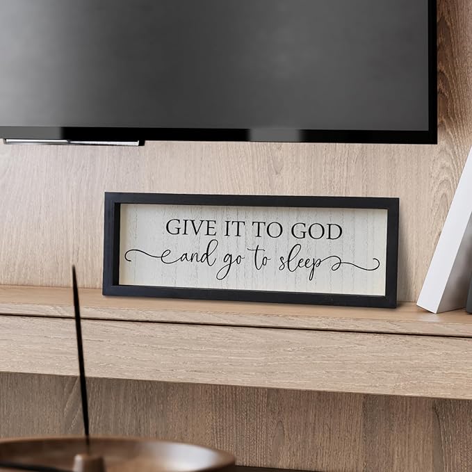 SRSZHIYUE Bedroom Above Bed Wall Decor Give It To God And Go To Sleep Sign 16"X6" Christian Farmhouse Over Bed for Horizontal Catholic Master Vintage Wood Framed Wall Art Hanging (Black)