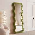 BOJOY Full Length Mirror 63"x24", Irregular Wavy Mirror, Arched Floor Mirror, Wall Mirror Standing Hanging or Leaning Against Wall for Bedroom, Flannel Wrapped Wooden Frame Mirror -Green