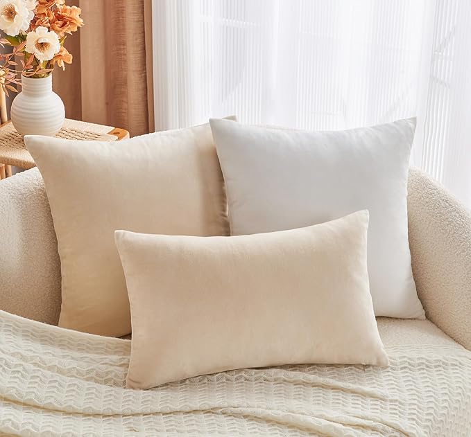 Throw Pillow Covers Neutral Beige Set of 2 18x18 Inch Pillow Covers, Soft Velvet Farmhouse Decorative Pillowcases for Couch Sofa Bed, Home Boho Decor, Modern Cushion Covers
