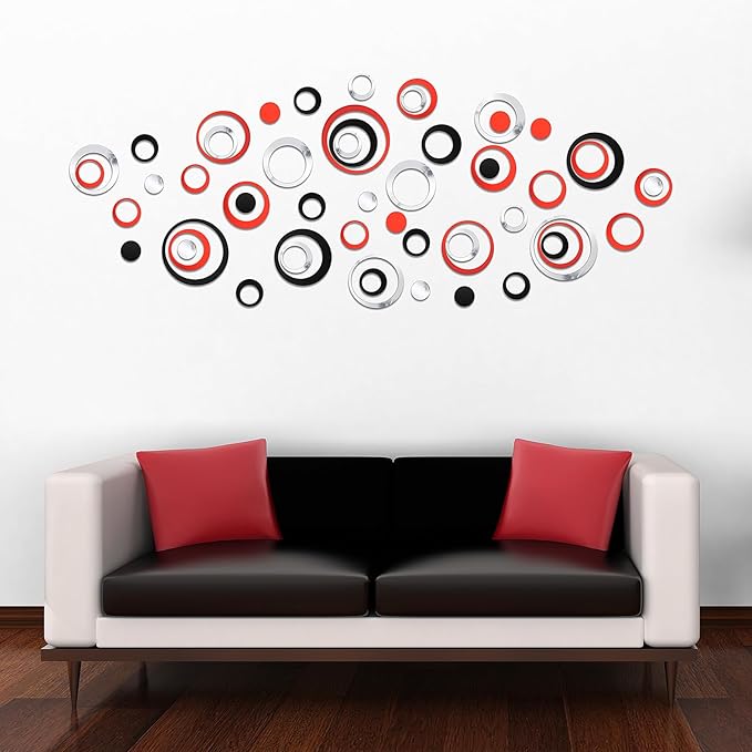 Outus 72 Pieces Acrylic Circle Mirror Wall Sticker Round Wall Decor Decals Removable DIY Adhesive for Living Room Bedroom Home Decoration (Black,Sliver,Red)