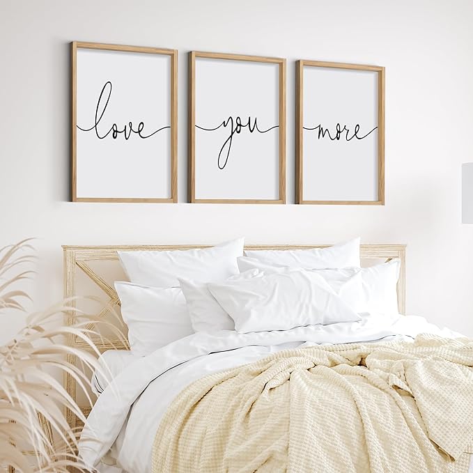 Heiple Love You More Sign Set of 3 Framed Above Bed Wall Decor Farmhouse Bedroom Decor Wood Art Rustic Master Bedroom Essentials Home Decoration (Brown, 11”x14”)