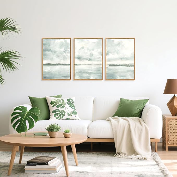 CHDITB Serene Lake And Sky Framed Canvas Wall Art Set Of 3, Minimalist Wall Decor, Modern Cloudscape Painting, Neutral Abstract Nature Blue Art Prints For Zen Yoga Bedroom Decor (12X16Inch)
