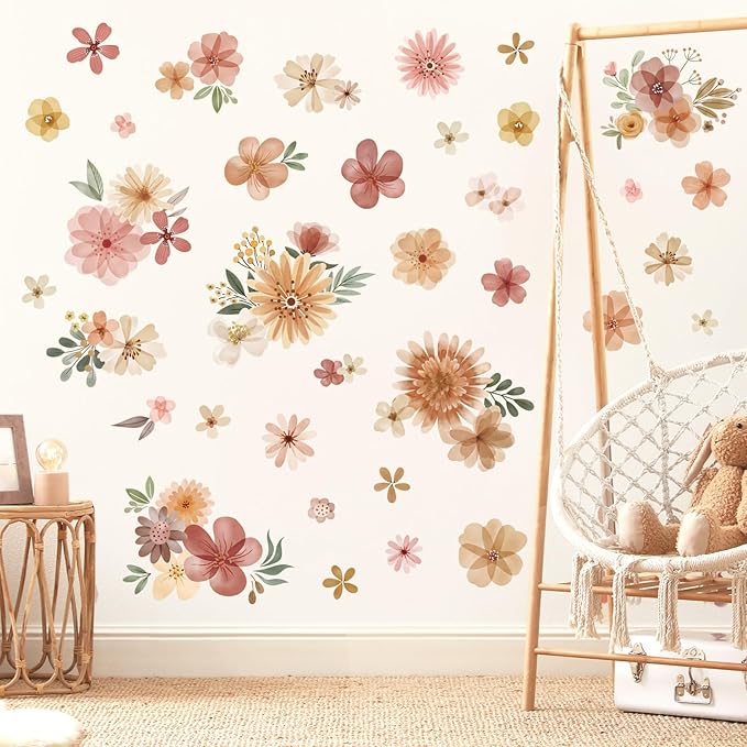 decalmile Boho Daisy Flower Wall Decals Bohemian Retro Watercolor Floral Wall Stickers Baby Nursery Girls Bedroom Living Room Wall Decor