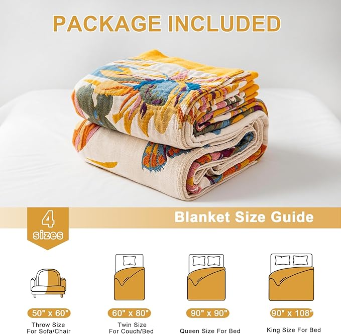 Boho Throw Blanket for Bed 50"x60", 100% Soft Cotton Bohemian Blankets with Rustic Floral Printed Decor, Spring Throw Blanket for Couch Cozy Breathable King Size All Season