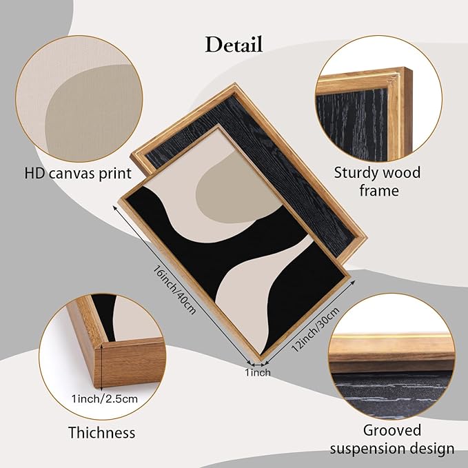 CHDITB Abstract Modern Framed Canvas Wall Art Set Of 3, Minimalist Wall Decor, Contemporary Artwork Prints, Neutral Black And Beige Abstract Line Paintings for Living Room Bedroom Decor (12X16 Inch)