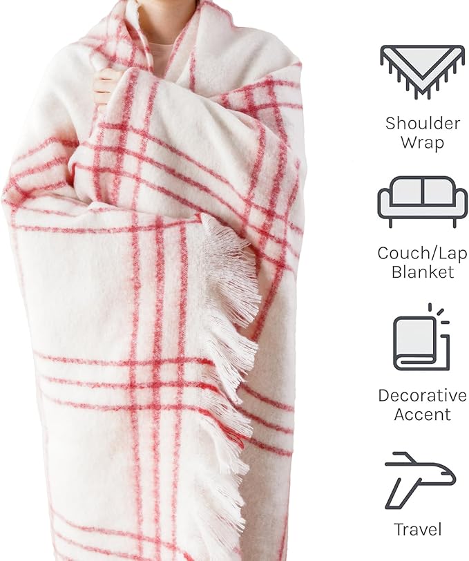 BATTILO Cream Plaid Throw Blanket for Couch Bed, Farmhouse Mohair Blankets Throws, Soft Cashmere Tartan Plaid Throws, Red Christmas Stripe Throw Blankets for Home Decor(50"x60")