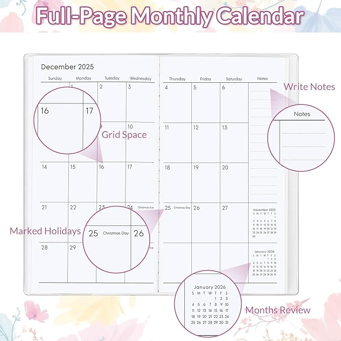 Pocket Calendar 2026-2027, Floral 2026-2027 Monthly Planner - 3.7" x 6.7" - Runs from January 2026 Until December 2027, 2026 Pocket Calendar with PVC Cover for Organizing & Planning