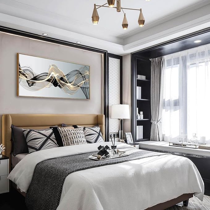 Abstract Wall Art for Living Room Black and Gold Bedroom Wall Decor Above Bed Modern Large Size Wooden Framed Artwork for Home Walls Abstract Pictures for Kitchen Bedroom Home Office 24x48inch