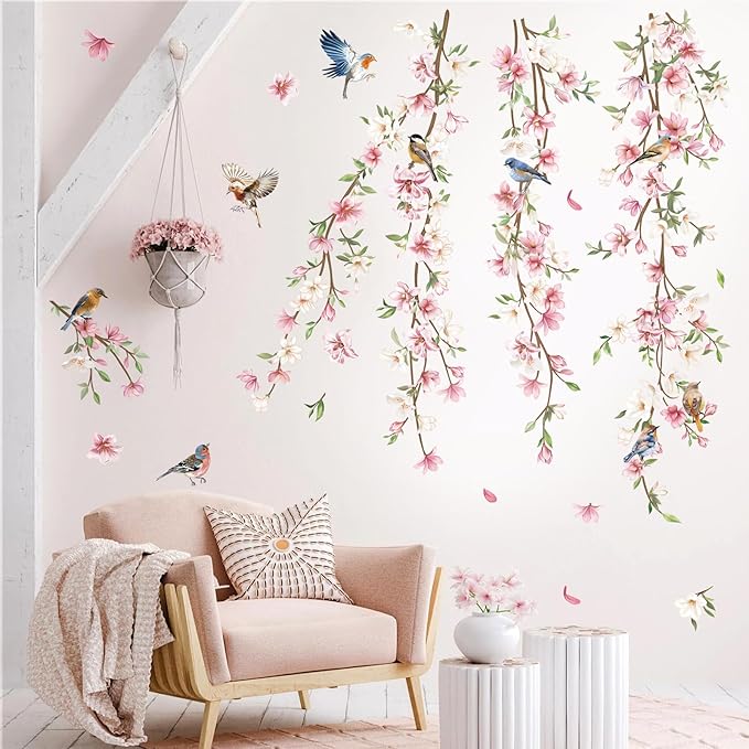 decalmile Hanging Flower Vine Wall Decals Pink Floral Leaves Birds Wall Stickers Bedroom Living Room Sofa TV Background Wall Decor