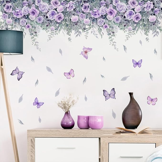 TUOKING Purple Rose Wall Stickers Removable Butterfly Wall Murals Peel and Stick Wall Art Decal Home Decor for Kitchen,Bedroom,Living Room(MS2306)