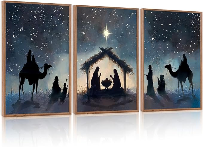 CHDITB Christian Nativity Framed Canvas Wall Art, Bible Joseph Mary And Baby Jesus Wall Decor,Birth of Jesus Scene Painting, Religious Biblical Art Prints For Prayer Room Bedroom 12”X16”x3