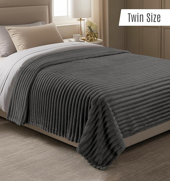 Utopia Bedding Grey Striped Fleece Blanket Twin Size – Fluffy, Warm & Lightweight Ribbed Throw for Bed, Sofa & Chair - Soft Cozy Blanket for Home Décor & Gifting (60x80 Inches)