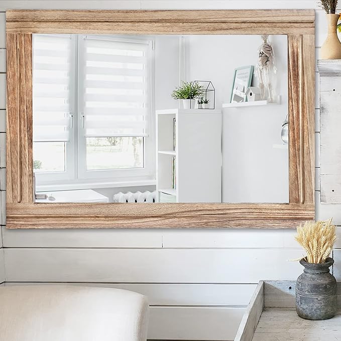 AAZZKANG Rustic Mirror for Wall with Rectangle Wood Framed Decorative Hanging Mirrorrs Large 28"x20"for Bedroom Bathroom Living Room Dressing Room