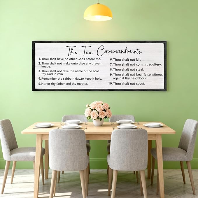 The Ten Commandments Rustic Bible Verse Framed Wall Art, 40''×15'' Positive Religious Christian Saying Sign for God Jesus Christ Prayer, Vintage Horizontal Holy Inspirational Catholic Scripture Decor