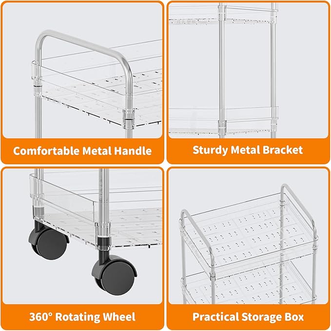 Yieach 3 Tiered Clear Rolling Cart with Wheels,Acrylic Storage Cart on Wheels for Bedside,College Dorm Room,Bathroom Organizers and Storage Shelf,Utility Cart Organizer for Snack,Craft,Diaper Caddy