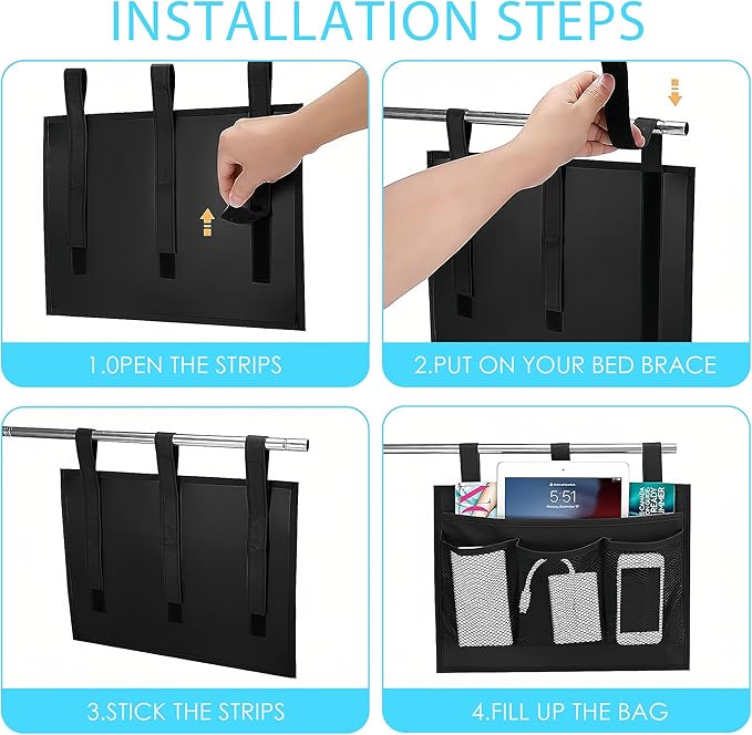 LUWOO Bedside Storage Caddy, 4 Pocket Hanging Organizer for Bunk, Hospital Beds, College Dorm, Bed Rails with Cup Holder, Bedside Caddy for Magazine, Phone, Remote Control (Black)